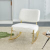 Teddy suede material cushioned rocking chair, unique rocking chair, cushioned seat, white rocking chair with backrest and golden metal legs. Comfortable side chairs in living room, bedroom, office
