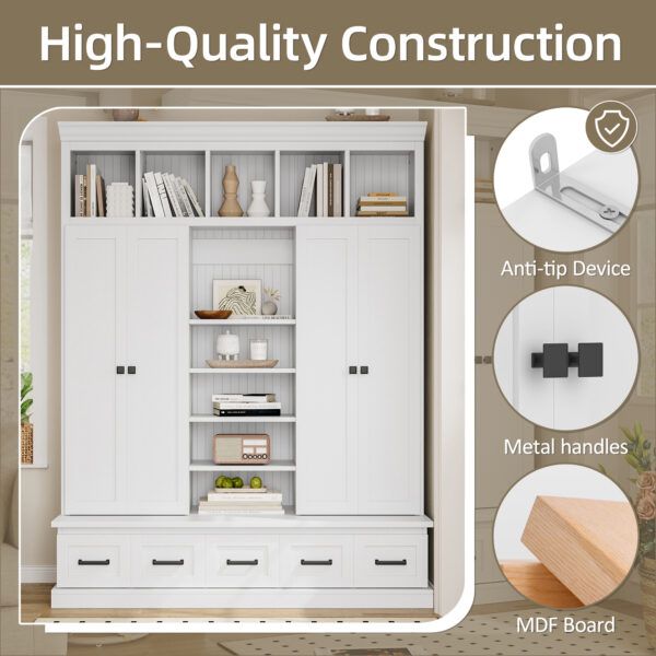 U-Can 78.7''H Hall Tree with Bench and 5 Storage Cubbies, Modern Entryway Storage Organizer Cabinet with 4 Doors, 5 Drawers and Adjustable Shelves for Hallway, Entryway, Living Room
