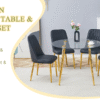 Table and chair set.A 42 Inch Diameter Modern Minimalist Round Dining Table With Transparent Tempered Glass top And Golden Metal Legs,4 Black Chairs With PU Backrest And Seat Cushion.