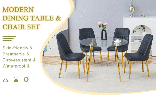 Table and chair set.A 42 Inch Diameter Modern Minimalist Round Dining Table With Transparent Tempered Glass top And Golden Metal Legs,4 Black Chairs With PU Backrest And Seat Cushion.