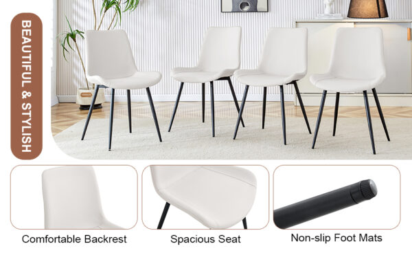 4f5b3ace0000401eb8984c8b04efa94b_258dd07a49fd146da1e902297bf0bbe2 White artificial leather backrest cushion dining chair, black metal legs, curved widened cushion design for more comfort, suitable for restaurants, kitchens, bedrooms, offices.(4 chairs) 0502