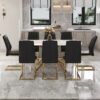 Table and chair set.Modern Luxurious Tempered Glass Dining Table Set with Gold Metal Legs and 8 PU Chairs.White marble-patterned sticker tabletop,black chairs with gold metal legs.