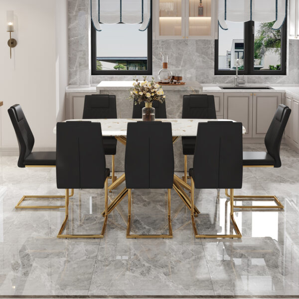 4f76fb480f0b4eaa8468321132f86e48_960183e541a970b15a6c16af14e69b03 Table and chair set.Modern Luxurious Tempered Glass Dining Table Set with Gold Metal Legs and 8 PU Chairs.White marble-patterned sticker tabletop,black chairs with gold metal legs.