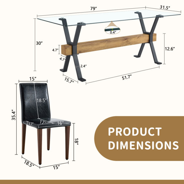 4f8087eabf9f4f588f1cd955db40d28e_1c62b8e5e65e4b21b53e031af0d41209 Table and chair set.79"x31.5" Inch Tempered Glass Tabletop With X-shaped Black Metal Table Legs,Wood Grain Textured MDF Crossbeam.Paired With 10 Black PU Dining Chairs with Walnut Color Metal Leg.