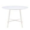 A modern minimalist circular dining table with a 42 inch diameter white patterned tabletop and white metal legs. Suitable for restaurants, living rooms, and conference rooms.