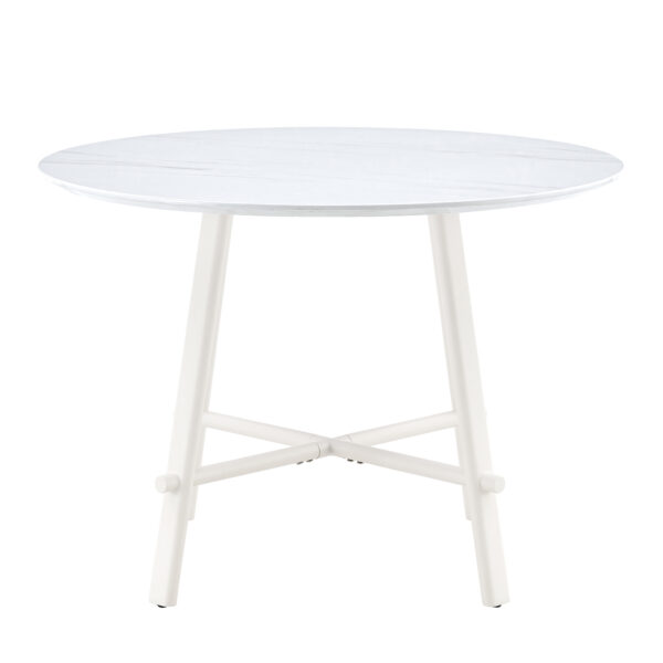 4fb5a820c4a549f69d0866434583b84c_423684d7cb585eda75d99caa048712be A modern minimalist circular dining table with a 42 inch diameter white patterned tabletop and white metal legs. Suitable for restaurants, living rooms, and conference rooms.