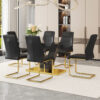 Table and chair set.Luxurious Tempered Glass Dining Set - 63"x35.4" with 6 Comfortable Black PU Chairs With Golden Arched Metal Legs .V-Shaped Support Design Table Leg.