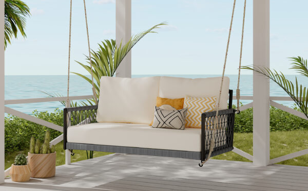 TREXM 1-Piece Woven Rope Outdoor Swing Sofa with Soft Cushions Seating 2 for Patio, Courtyard and Balcony (Beige)