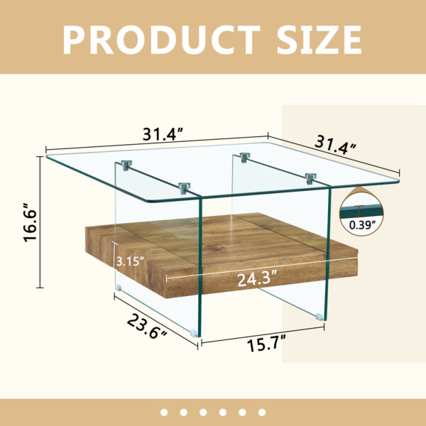 4fe336f92dbb49af81ea7b3feab04c6d_3b169154fa3ab3580036ccabe5a1124a 31.4 Inch Modern Two-Tier Square Coffee Table -An Elegant Combination of Clear Glass and Light Wood Texture Sticker.It can be used not only as a coffee table but also as a side table or display stand.