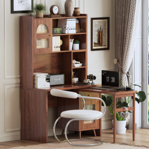 Computer Desk with 90 Degree Rotating Desktop, 43x70 Inch Office Desk with Storage Drawer and Cabinets, Gaming Desk with Shelves, Writing Desk for Study, Work Desk for Home Office Bedroom Living Room
