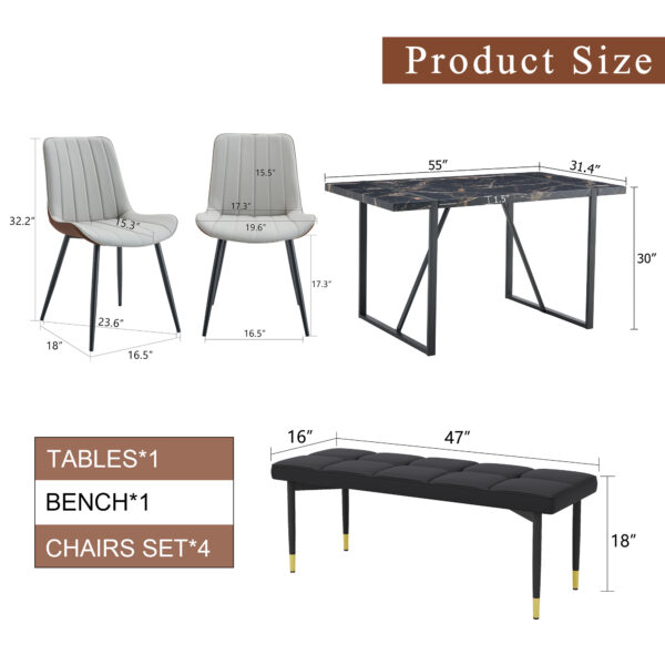 502b05bf897f4bbcbe40a39758fa4fa5_14d6df6df4b42b191901ef0fd228dbcd Table and chair set.Modern Black Marble Pattern MDF Dining Table Set - 55"x31.4" with 4 Extended Seat Cushion PU Dining Chairs and 1 Bench,A Choice of Subtle Luxury for Modern Homes.