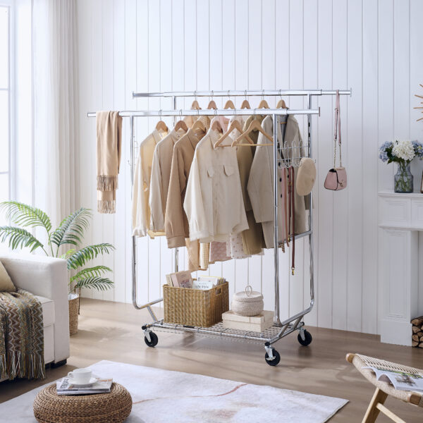508d81f05e1445d79bf518bd07b61adf_69e550176af4823fbecefb2611d458c3 Double Clothing Garment Rack with Shelves Capacity 800lbs Clothing Racks on Wheels Rolling Clothes Rack for Hanging Clothes Heavy Duty Portable Collapsible Commercial Garment Rack