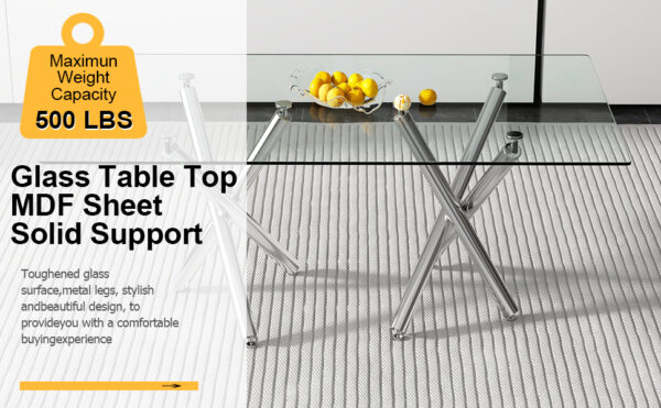 508eb0349d3542b58557d5af9deb6f67_cd794b32bdfee3d68dd4be97cbc76649 Large Modern Rectangular Glass Dining Table for 6-8 with 0.39" Tempered Glass Tabletop and Silver Chrome Metal Legs, for Kitchen.Tempered Glass Tabletop,Double Fork Metal Legs.W1151S03321