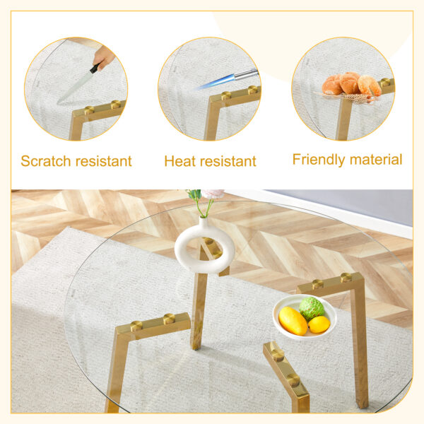 5091efca00aa481bb2a7fd3272ff21db_9df4f476717f22082ba68dd24164c523 Modern Luxurious Round Tempered Glass Dining Table with Gold 7-Shaped Metal Legs,suitable for family meals, office conferences, or as a casual coffee table for various occasions.47.3*47.3*29.5