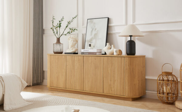 Sideboard Storage Cabinet TV Stand with wave pattern Buffet Cabinet Wooden Vertical Striped Cabinet for Kitchen/Bedroom/Entryway. Natural, 64''W x 15''D x 24''H.