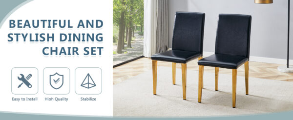 50acd3226f8d4c90b4604472b7485bd6_8e8a604319974e21b306bff9977ecbff Two Black PU dining chairs, Golden Metal Legs.Simple and versatile, comfortable and accompanied. Exquisite and versatile dining chairs unlock a comfortable new experience.(Set of 2)