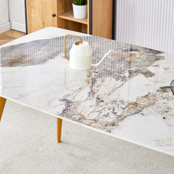 50b21b63fb6043e98e1d4561da2dd664_110f161f46f80365d15d95574afa608e Modern minimalist dining table. White imitation marble pattern SINTERED STONE desktop with golden metal legs.62.2"*34.6"*30" F-001