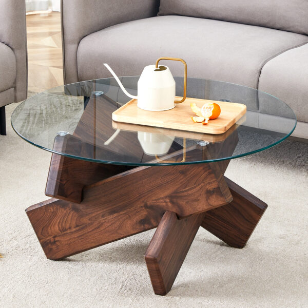 50bdcde8ba664574be23bf016a7d38ed_980823b88e5184d274a63d9ba4b8e6b7 Round glass coffee table, 33.4" modern design unique coffee table. Tempered glass top with Walnut colored texture sticker MDF legs. Suitable for living and dining rooms