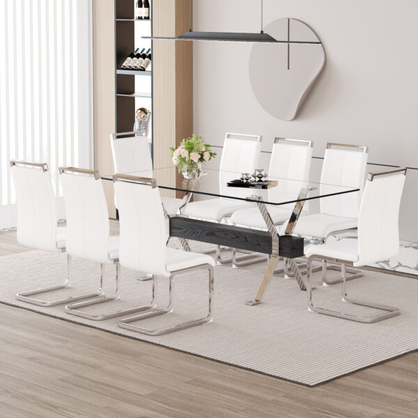 50e01dd163ba42ca93ac4d538243f037_14ca6e10d8e6f0b671171f4ea90b8f44 Table and chair set.Elegant Transparent Tempered Glass Dining Set - 71"x35.4" with 8 White PU Chairs with silver C-tube metal leg.