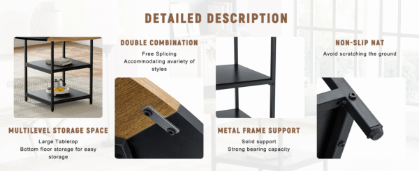 Table and chair set.A 47.3-inch diameter modern spliced color circular dining table - double-layer storage.Paired With 4 Black Linen-Cotton Material High Resilience Dining Chair with Metal Walnut Leg.