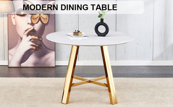 Modern minimalist white patterned circular dining table and coffee table. MDF desktop, diameter 42 inches, stainless steel metal legs, suitable for home and office use