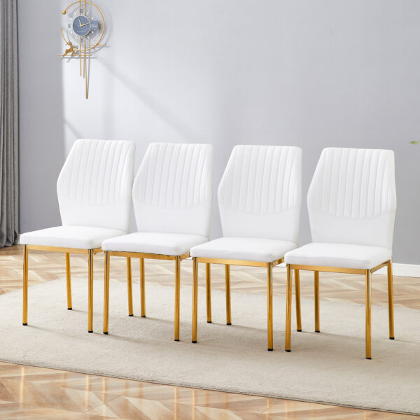 510d2df0185642c68e2bff97c9a1ec6b_0d29b425f94438e97b0ae829a56911f3 Luxury Simple Chair - Set of 4 White PU Material High Resilience Dining Chair with Metal Gold Leg.The Chair Back Has a Vertical Stripe Design With Smooth And Uniform Lines.