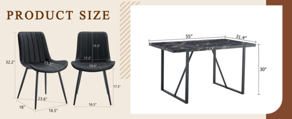 511026b011d9434692b6f2a019d472a2_51c0371ec7180196cd58fdfa5bfdf9d2 Table and chair set.Modern Black Marble Pattern MDF Dining Table Set - 55"x31.4" with 4 Extended Seat Cushion PU Dining Chairs.Black Cushion.Iron Pipe Spraying Chair Legs.