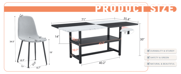 Table and chair set.71*35.4 inch White And Black Spliced Dining Table With Storage Function In The Middle Of The Table Legs.Paired With 6 Light Gray Linen Fabric Chairs.