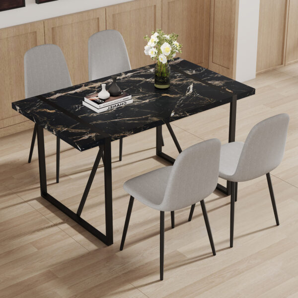 51257bf0a69148acb8e7d71efefbc016_6ba581fa72c2832803071bb4ad9d1c6b Table and chair set.Modern Black Marble Pattern MDF Dining Set - 55"x31.4" with 4 Light Gray Linen Fabric Chairs.Iron Pipe Spraying Chair Legs.Suitable for kitchen,Dining room,etc.