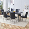 Table and chair set.63"x31.5x30" Black Marble-Patterned Slabs Tabletop with Stainless Steel Butterfly Legs.Paired with 6 Black PU dining chairs with a vertical stripe design on the backrest.