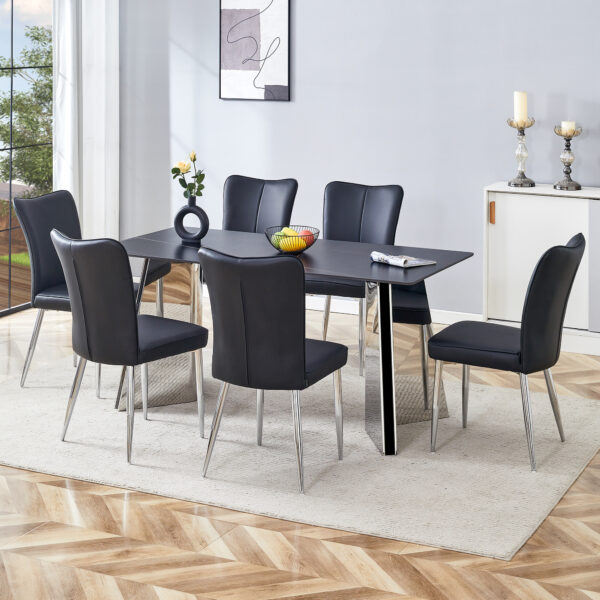 513174853841457f8f01448ebfef3249_c329bc00cdf8b09ce87237a33968fc87 Table and chair set.63"x31.5x30" Black Marble-Patterned Slabs Tabletop with Stainless Steel Butterfly Legs.Paired with 6 Black PU dining chairs with a vertical stripe design on the backrest.