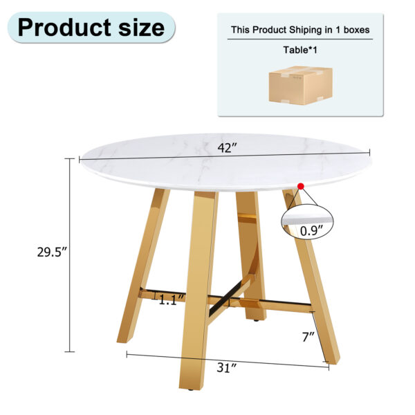 Modern minimalist white patterned circular dining table and coffee table. MDF desktop, diameter 42 inches, stainless steel metal legs, suitable for home and office use