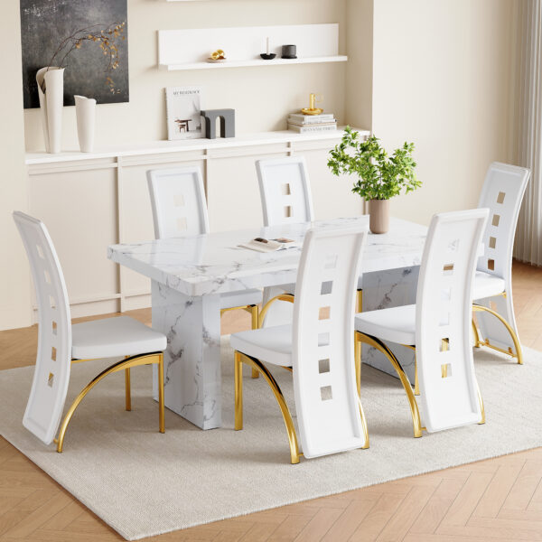 518752bf415140a4abc38dea630c035b_3e991443067e9f9f524f2123c2591396 Table and chair set.63"*35.4" White Imitation Marble Pattern MDF Dining Table Set - 6 PU Chair With White Saddleback, Geometric Pattern Backrest,Golden Curved Metal Leg.Suitable For Various Scenes.