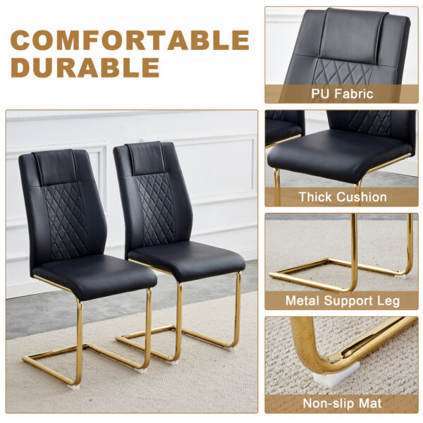 Table and chair set.71"x35.4"x30" Luxurious Pandora Patterned Glass Dining Tabletop with Golden Back To Back C-Shaped MDF Legs.Paried With 6 Black High-quality PU Chairs With Arched Metal Legs.