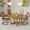 A modern and practical circular dining table. Made of MDF tabletop and wooden MDF table legs. 4-piece technology cloth high backrest cushion side chair, C-shaped tube black metal legs. CT-403   C-1162