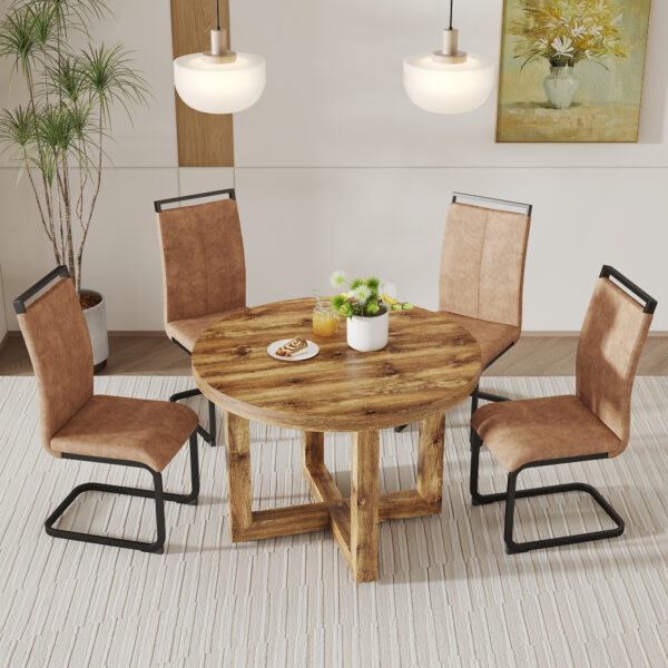 518c9ae3f2ac418fa40566046caeb2a8_20240222_a01faa52b3c2d6d38af28a19fb185047 A modern and practical circular dining table. Made of MDF tabletop and wooden MDF table legs. 4-piece technology cloth high backrest cushion side chair, C-shaped tube black metal legs. CT-403 C-1162
