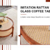 Modern minimalist circular double-layer solid wood coffee table, craft glass tabletop, second layer material: PE rattan, solid wood frame. 34.6 '* 34.6' * 17.7''