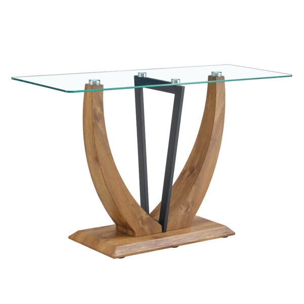 51a878c79d014da2b2ad24ac0e4e87d1_e313924df2f20bc59435f0341283d7ac Modern minimalist rectangular glass table with 0.39 "tempered glass top and MDF wood grain sticker legs, suitable for entrance and living room.