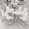 Table and chair set.Modern Luxurious white Marble-Patterned Tempered Glass Dining Table with 6 Chairs.Single fork silver metal table legs.White high-quality PU dining chairs with silver metal legs.