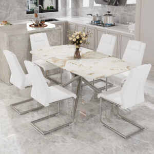 Table and chair set.Modern Luxurious white Marble-Patterned Tempered Glass Dining Table with 6 Chairs.Single fork silver metal table legs.White high-quality PU dining chairs with silver metal legs.