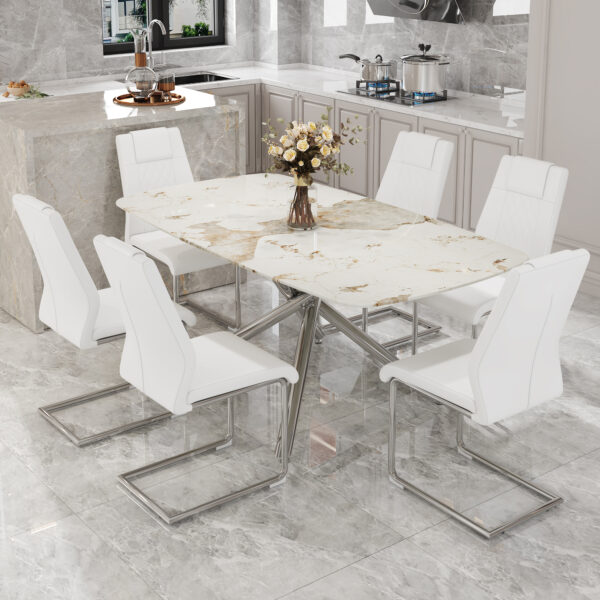 51afb35e2d3f4adab8ec4a66279f6bda_af1e13523151fa3842b379cc6ce6c2e2 Table and chair set.Modern Luxurious white Marble-Patterned Tempered Glass Dining Table with 6 Chairs.Single fork silver metal table legs.White high-quality PU dining chairs with silver metal legs.