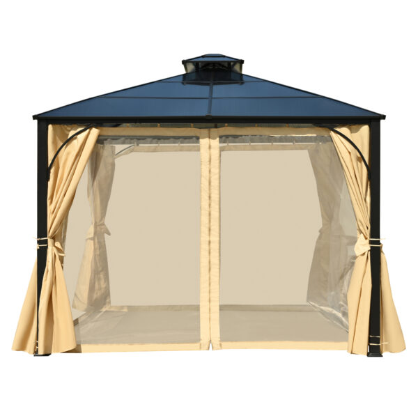 TREXM 10'x12' Hardtop Outdoor Gazebo, Heavy Duty Double Roof Patio Gazebo with Aluminum Frame, Double-Layer Side Walls Mosquito Netting & Privacy Curtains for Patio, Garden, Backyard (Beige)