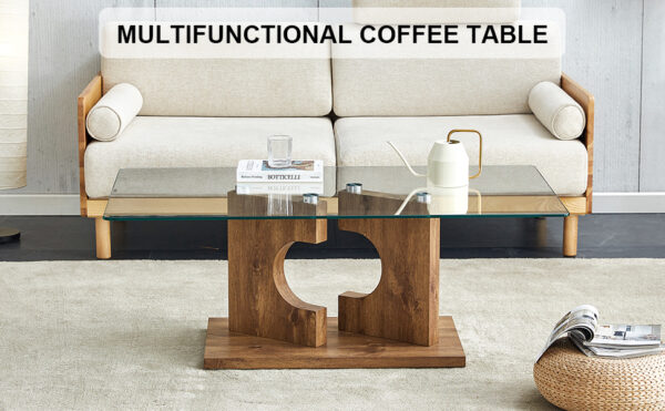 51cc31b7a1c34b9c850fb50fe44785b9_20240204_5202c8106528a3b9db866db698851bec A rectangular modern and fashionable coffee table with tempered glass tabletop and wooden color MDF legs. Suitable for living room.47.2"*25.5"*18"