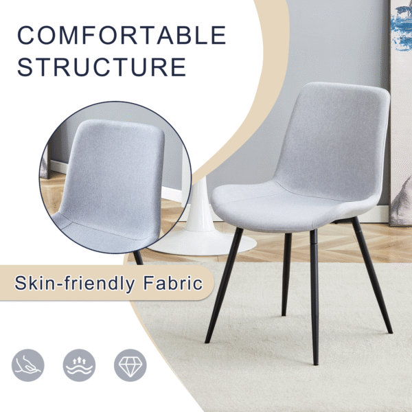 51cc4c499a424e638f38dacef74aae93_dd621312096b319247d62660f825cfdf Table and chair set.A minimalist retro rectangular dining table with a textured top and black metal legs.Paired With 4 Light Gray Linen-Cotton Dining Chairs With Curved Widened Cushion Design.
