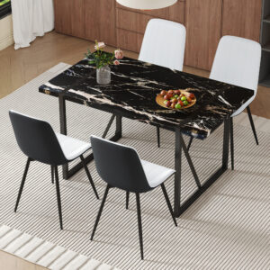 Table and chair set.Modern Black Marble Pattern MDF Dining Table Set - 55"x31.4" with 4 Extended Seat Cushion PU Dining Chairs.White and Black Splicing Colors Cushion.Iron Pipe Spraying Chair Legs.