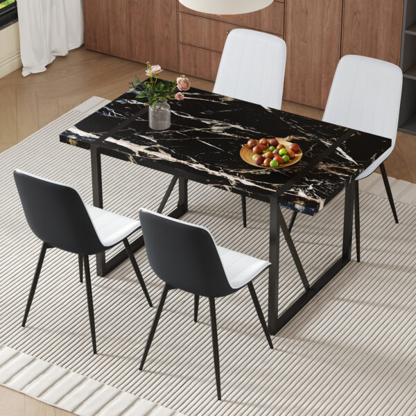 51d04471c3d84b66991967ba21fe044d_cf22674e523d6b185a00be659fa9e3b2 Table and chair set.Modern Black Marble Pattern MDF Dining Table Set - 55"x31.4" with 4 Extended Seat Cushion PU Dining Chairs.White and Black Splicing Colors Cushion.Iron Pipe Spraying Chair Legs.