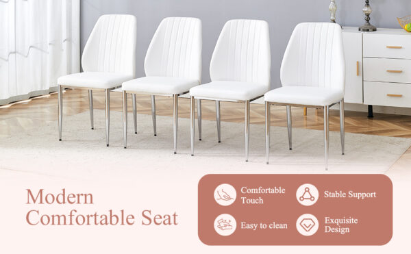 51de6db47db24cb197f36899b17c57eb_e5741fa94312a07acdbf18b0ad08a686 Set of Four White PU Comfort Dining Chairs (17.7"x25").Dining chair with extended backrest,WHITE PU,Silver metal legs,Suitable for various places such as family restaurants, hotels, coffee shops,etc.