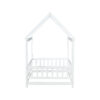 Twin Size House Floor Wooden Bed with Roof Frame,Safety Guardrails,White
