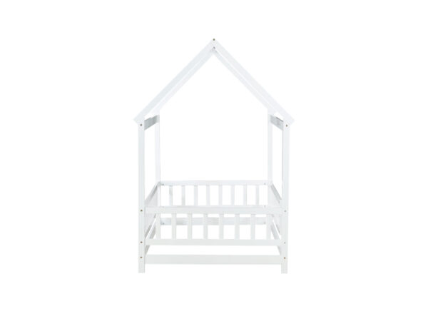 Twin Size House Floor Wooden Bed with Roof Frame,Safety Guardrails,White