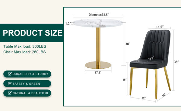 51f690e5631049b9968a93a42908456a_7024f4cee49ea9317be1d7403bd48d49 Table and chair set.31.5 Inch Elegant White Marble Pattern Round Dining Table - Suction Molding Annular Texture.Paired With 4 Black PU Chairs with Simple Line Designs On The Backrest.